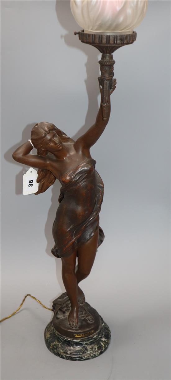 An Art Nouveau spelter lamp with marble base and flambe shade height 86cm